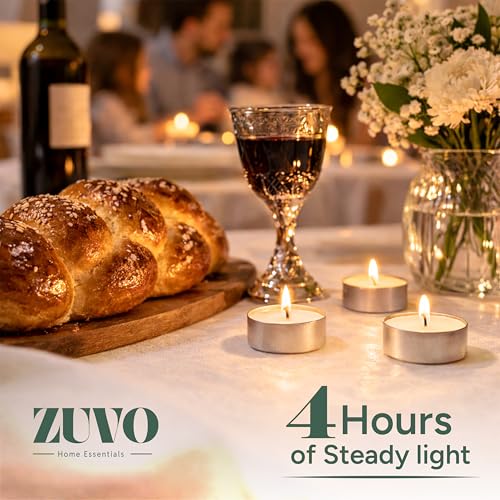 Image of Zuvo Tea Lights Candles 4 Hour Burn (100 Pack) - White Lights - 1.5 inchW x 1 inchH Smokeless & Unscented Candles - Party Candles- for Weddings, Home Decor