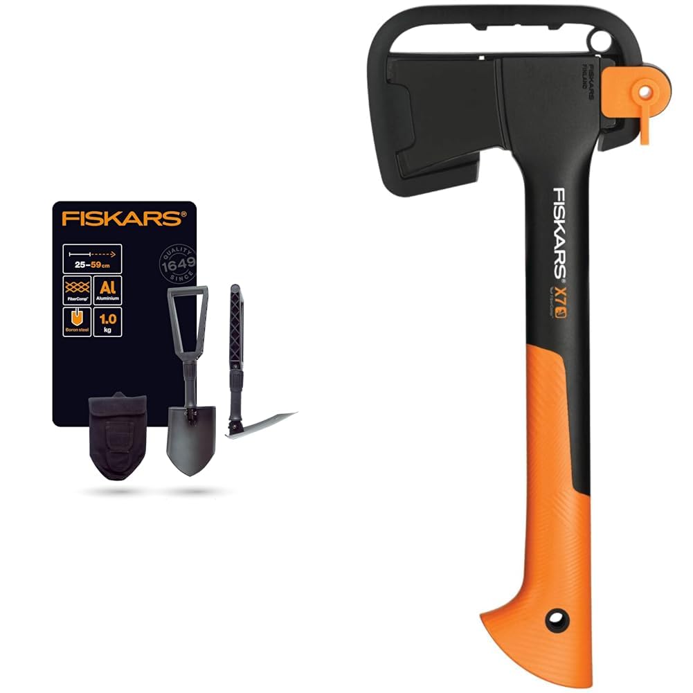 Fiskars Saperka składana dla wczasowiczów i alpinistów, Długość (rozłożona): 59 cm, Hartowana stal borowa, Czarna, 1000621 & Fiskars X-Series Siekiera, Czarny/Pomarańczowy, X7/35,5 cm