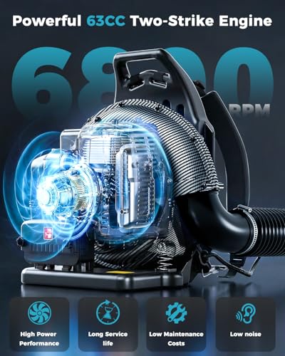 Image of HTK Backpack Blower, 63CC Gas Powered Leaf Blower with 665 CFM & 205 MPH for Commercial Lawn Care, Yard Debris & Snow Removal (Black)