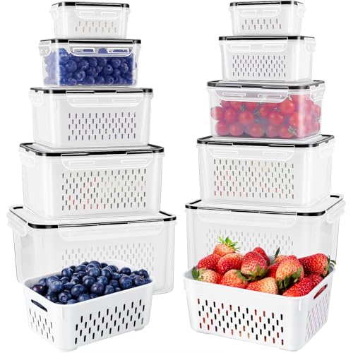 Freshmage Fruit Storage Containers for Fridge with Removable Colander, Airtight Food Storage Container, Dishwasher Safe Produce Saver for Refrigerator, Keep Berry Fruit Fresh Longer 6 pcs Large Clear