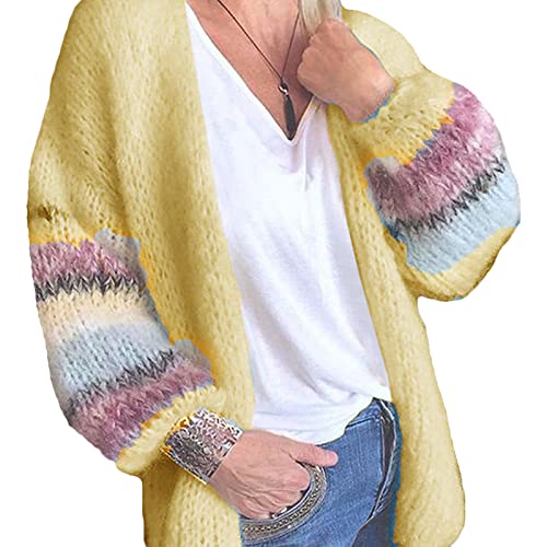Cardigan Tricoté Femme Mohair Pull Manteau Couleur Bonbon Rayé Lanterne Manches Manteau D'ExtéRieur à Manches Longues Ouvert Devant (XXL,Jaune)