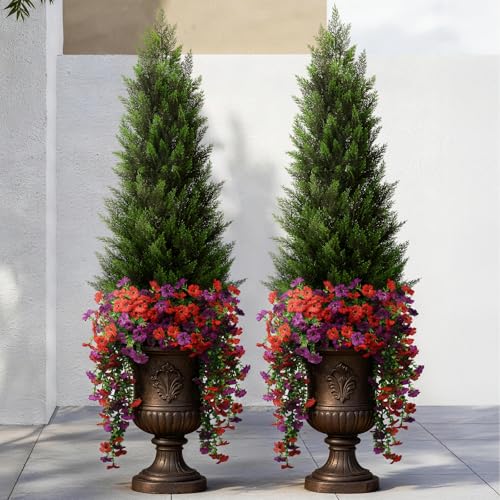 Image of Vitalismo Artificial Topiary Cedar Trees 4FT Tall 2 Set with 12 Bundles Faux Silk Flowers, Outdoor Indoor Faux Pine Shrubs Plants, Fake Bushes Plants for Home Front Porch Door Patio