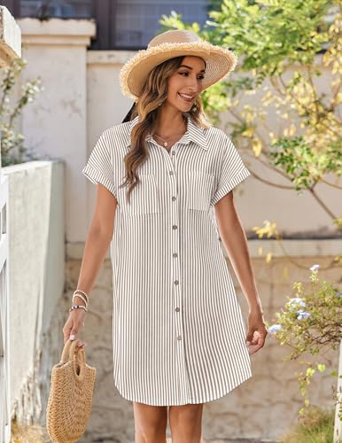 Image of Zeagoo Summer Dresses for Women 2026 Cotton Button Down Short Sleeve Tshirt Dresses Casual Mini Beach Dress