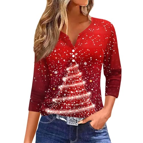 Image of Women Christmas Shirt 3 /4 Length Sleeve Henley Tops Xmas Outfits