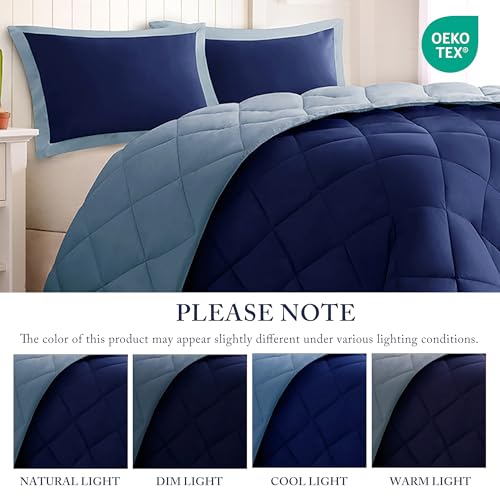 Image of Madison Park Comforter Set, Reversible Down Alternative All Season Microfiber Bedding, 3M Scotchgard Stain Release, King Dorm Comforter, Navy /Light Blue