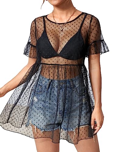 WDIRARA Women's Polka Dots Sheer Mesh Mini Dress Short Sleeve Ruffle Hem Flared Dresses