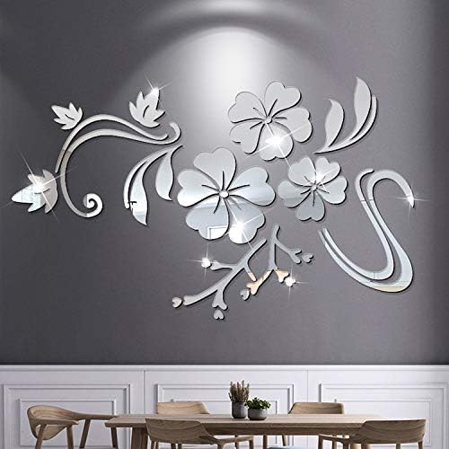 Miniatura 2 de Pegatinas de pared de acrílico plateado con flores, espejo 3D, modernas pegatinas de pared de acrílico para salón, dormitorio, TV, decoración de