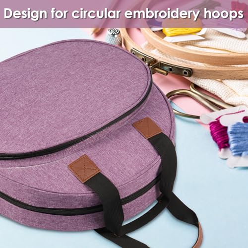 Image of Embroidery Project Bag, Embroidery Supplies Storage Carrying Tote Case with Multiple Pockets and Handle, Cross Stitch Bag, Double Layer Round Embroiderys Project Bags for Floss Hoops Thread (Purple)