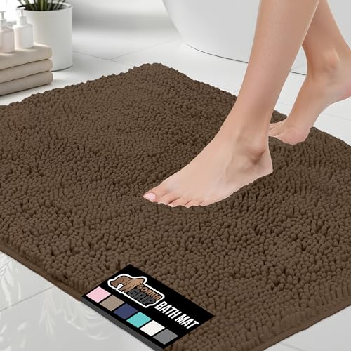 Image of GORILLA GRIP Bath Rug Mat 60x17, Thick Soft Absorbent Chenille, Quick Dry Microfiber Mats, Rubber Backing Washable Shower Floor Rugs, Bathmat Runner, US Designed Bathroom Home Decor Accessories Brown