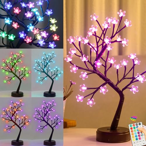 Pooqla RGB Cherry Blossom Tree Light with Remote 28 Colors LED Artificial Flower Bonsai Tree, RGB Table Top Lamp Home Lit Tree Valentine's Day Christmas Decoration 36 LED, Brown Branch