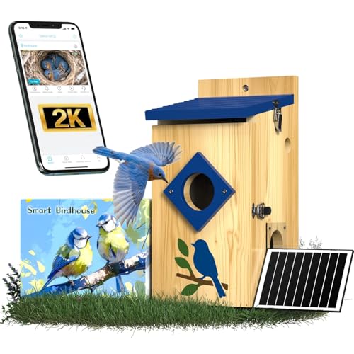 BirdoorKam Smart Bird House with Camera Solar Powered,Isolated Camera Bay & Bird-Safe Varnish, 2K HD Pinewood Birdhouse with Camera Inside,Smart Bird Nest Box,Auto Detection for Backyard Birdwatching