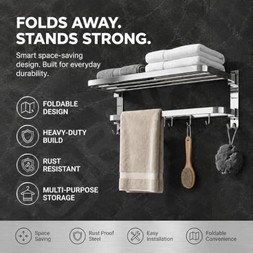 Image of GRIVAN Stainless Steel Folding 18-Inch Towel Rack for Bathroom with Movable Hooks | Chrome Towel Rack Stand - Bathroom Hangers for Clothes (Silver, Pack of 1)