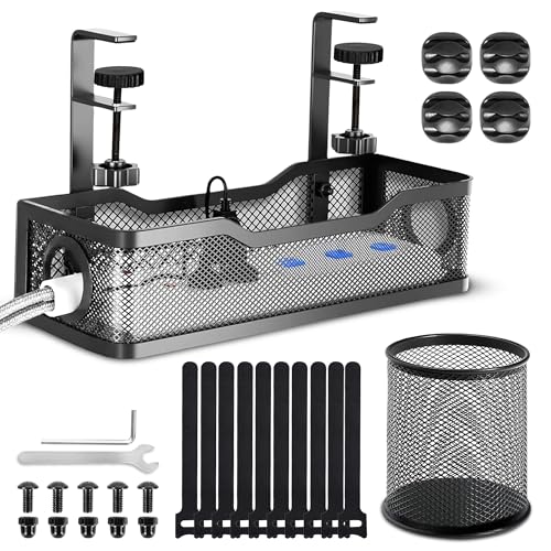 Image of GLUN Adjustable Under Desk Cable Organizer Rack, Screw-Fixed Wire Management Tray for Power Cord, Extension Board & Network Cables, Black Includes 10 Cable Ties & 4 Cable Organizers