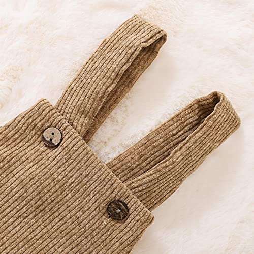 Baby Boy Girl Corduroy Overalls Solid Suspender Bib Pants One-Piece Strap Jumpsuit Pocket Fall (Khaki, 6-12 Months)2