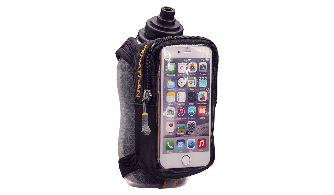 Nathan Speed View Quick Grip Insulated Running Water Bottle with Phone Zip Pocket, Black, 18 oz