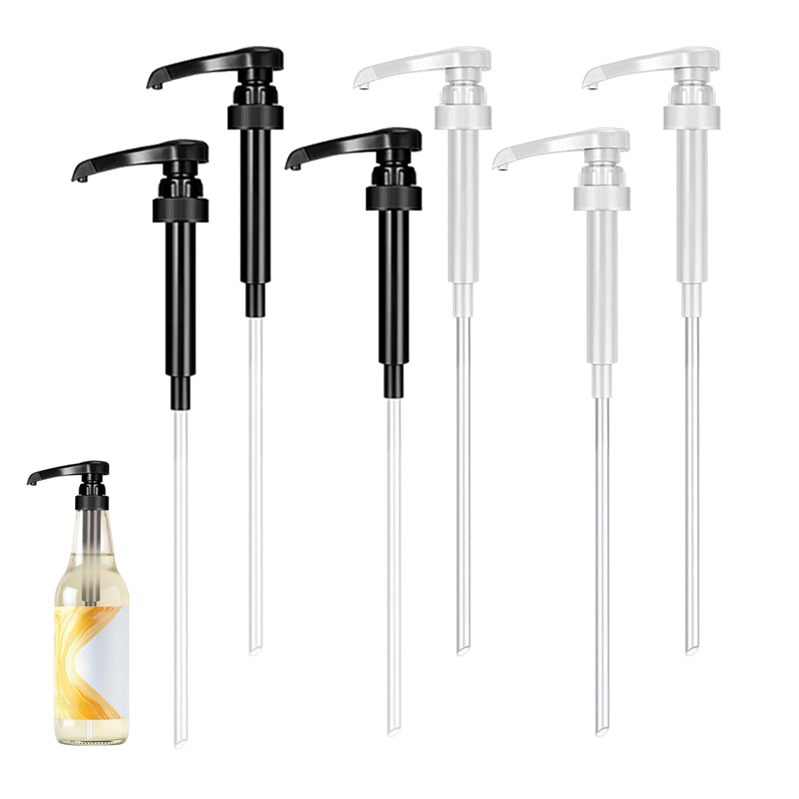 6 pompek dozujących, precyzyjna pompa do syropu 10 ml, wielokrotnego użytku, nasadka z pompką, trwała głowica z pompką, dozownik syropu, do butelek o pojemności 500 ml lub 1000 ml (biało-czarna)