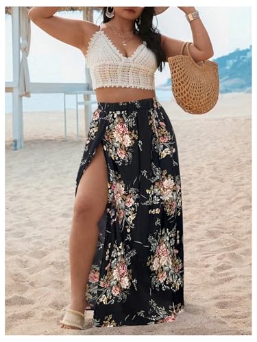 Verdusa Women's Plus Size 2 Piece Floral Outfits Crochet Tie Back Crop Camisole with Slit Maxi Skirt Set4