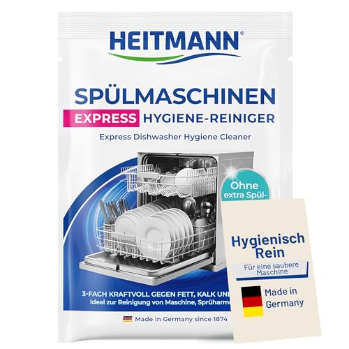 HEITMANN Spülmaschinenreiniger Express Hygiene-Reiniger 30 g | Dreifach-aktiv gegen Fett Kalk & Gerüche | Maschinenreiniger für Spülmaschine | Für Sprüharme Filter & Innenraum