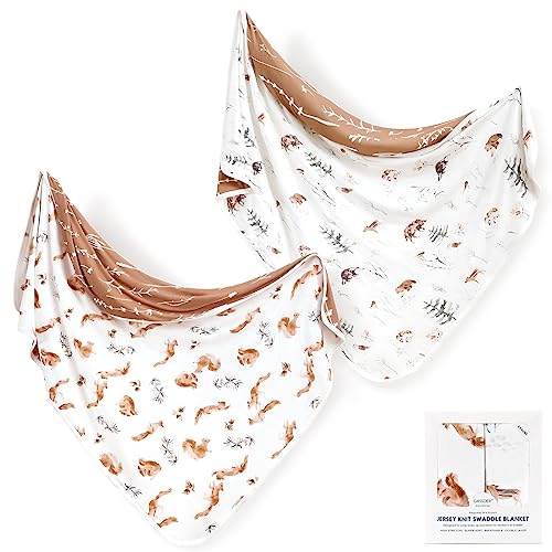 Image of GRSSDER Baby Blankets Super Soft Stretchy Jersey Swaddle Blanket 2 Pack for Girls and Boys, Double Layer Reversible Receiving Blankets 34 x 44, Extra Large for Swaddling, Squirrel & Jungle