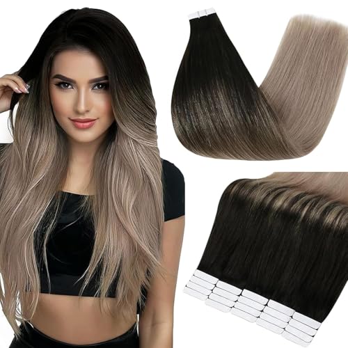 Image of Full Shine Human Hair Extensions Tape in, Black Dirty Blonde Ombre 16 Inch | 50g 20PCS Straight Invisible Tape in Hair Extensions, Straight Remy Finish Seamless Skin Weft Wedding Styling