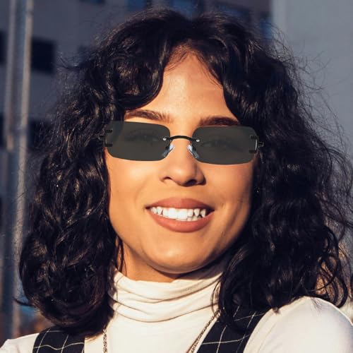 Retro Small Frame Metal Rectangle - Sunglasses for Women Men Vintage Rimless Square Small Eyewear Driving