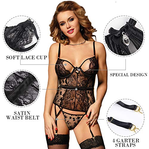 ohyeahlady Damen Strapsbody Strapshemd Reizwäsche Unterwäsche Spitze V-Ausschnitt Push-up Dessous Set aus Corsage… – Bild 3