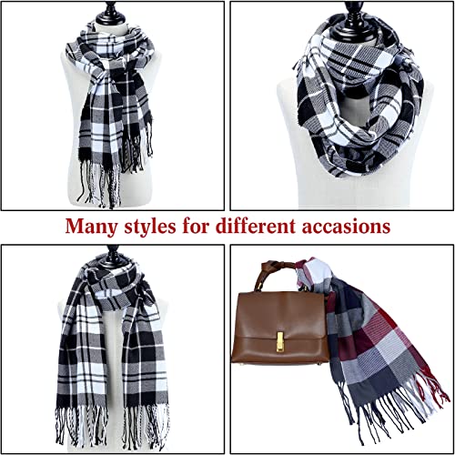 Handepo 6 Pieces Christmas Buffalo Plaid Scarf Women Shawl Wrap Soft Silky Scarf Red White Black Gray Blue Large Wedding Fur Shawl for Women Men Christmas, 74.8 x 12.6 Inches4