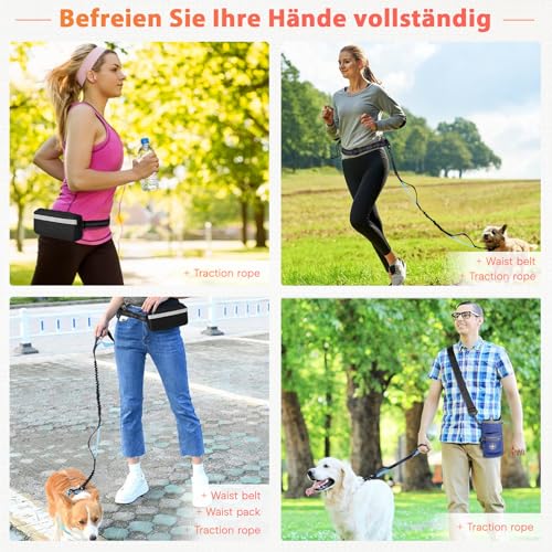 Joggingleine Hunde,Freihändig,Verstellbarer Bauchgurt hundeleine, Zwei gepolsterte Griffe,Stoßdämpfende, elastische,Abnehmbare reflektierende Hüfttasche,Joggen/Laufen Für Hunde bis 50 kg,Schwarz
