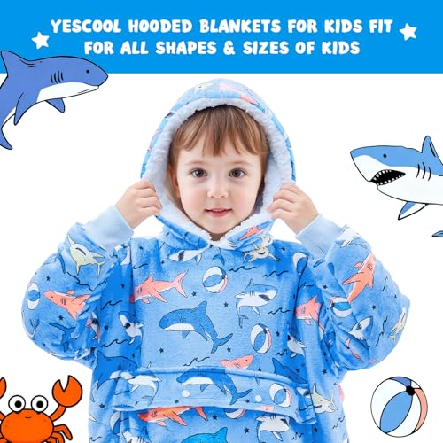 yescool Glow in The Dark Wearable Blanket Hoodie for Kids Toddlers 2-6YR Old Gifts, Oversized Blanket Sweatshirt with Sherpa for Christmas Thanksgiving Birthday Gifts, One Size, Shark