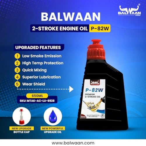 Image of Balwaan Krishi Premium 2-Stroke Engine Oil, 650ml, Low Smoke Emission with Superior Lubrication Pack Of 2 Compatible with all 2-stroke engines up to 7.5 Hp Engine, P-82W