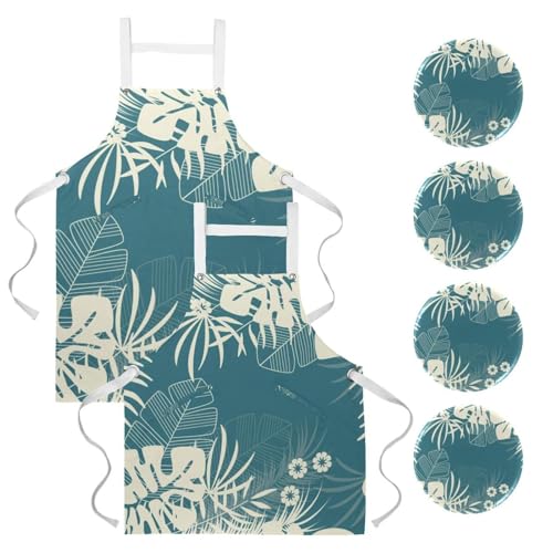 Tablier pour restaurant et bar anti-taches avec 4 broches ajustables motif feuilles
