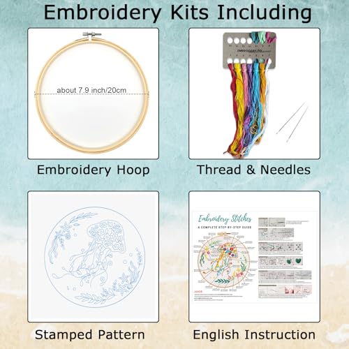 Image of Louise Maelys Jellyfish Embroidery Kit for Beginners Adults | Animal Embroidery Starter Kit With Stamped Fabric, Hoop, Threads, Needles And Instructions DIY Craft,Cross Stitch Kit