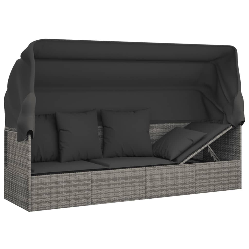IKAYAA Gartensofa mit Liegefunktion Gartensofa mit Sonnendach Loungebett Outdoor Rattan Sofa 3 Sitzer BalkonSofa Gartenbett-Grau