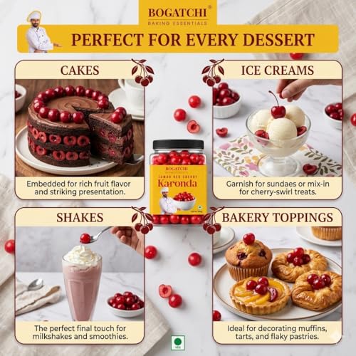 Image of BOGATCHI Jumbo Red Cherry Karonda for Cake Decoration, Ice Creams, Shakes & Desserts | Big Juicy Cherry Toppings for Baking, Garnishing & Sweets | Delicious, Tasty & Ready to Use | 200g