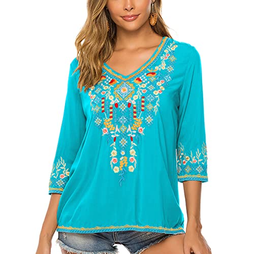 LauraKlein Women's Boho Embroidered Peasant Tops 3/4 Sleeve V Neck Mexican Bohemian Shirts Tunics Blouses2