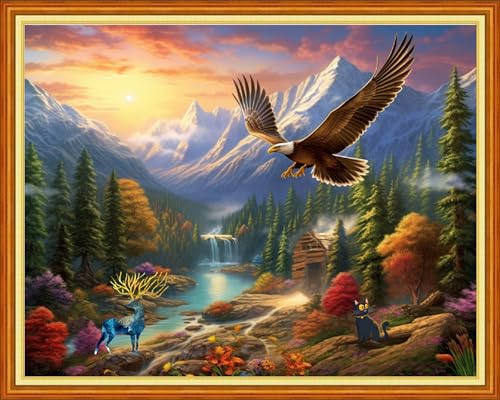 Image of Dimensean Stamped Cross Stitch Kits Full Range of Embroidery Patterns Starter Kits for Beginners Adult DIY Cross Stitches Needlepoint Kits 11CT-Eagle elk 16x20 inch
