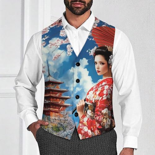 Japanese Kabuki Geisha Men's Suit Vests Dress Vest V-Neck Waistcoat Slim Business Formal with Pocket2