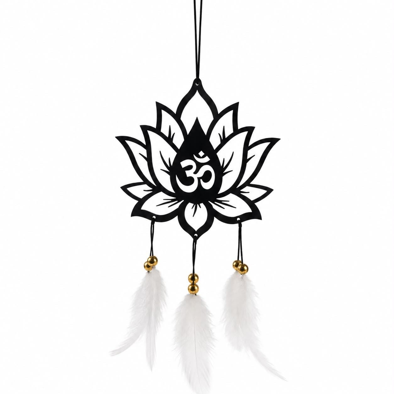 Om Lotus Dream Catcher Hanging with White Feathers and Gold Beads | Attracts Positive Energy, Car & Home Decor, Spiritual Protection, Black Metal Silhouette, Peace & Harmony-picture-10