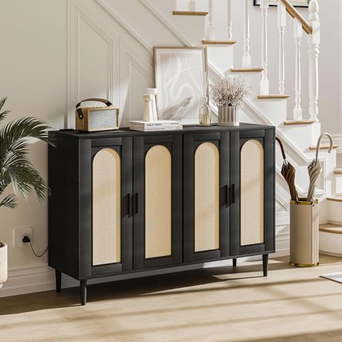 Rattan Buffet Cabinet with Storage,Sideboard Cabinet with 4 Doors and Adjustable Shelves, Console Coffee Bar with Charging Station, Boho Wood Cupboard for Kitchen, Livingroom and Dining Room,Entryway