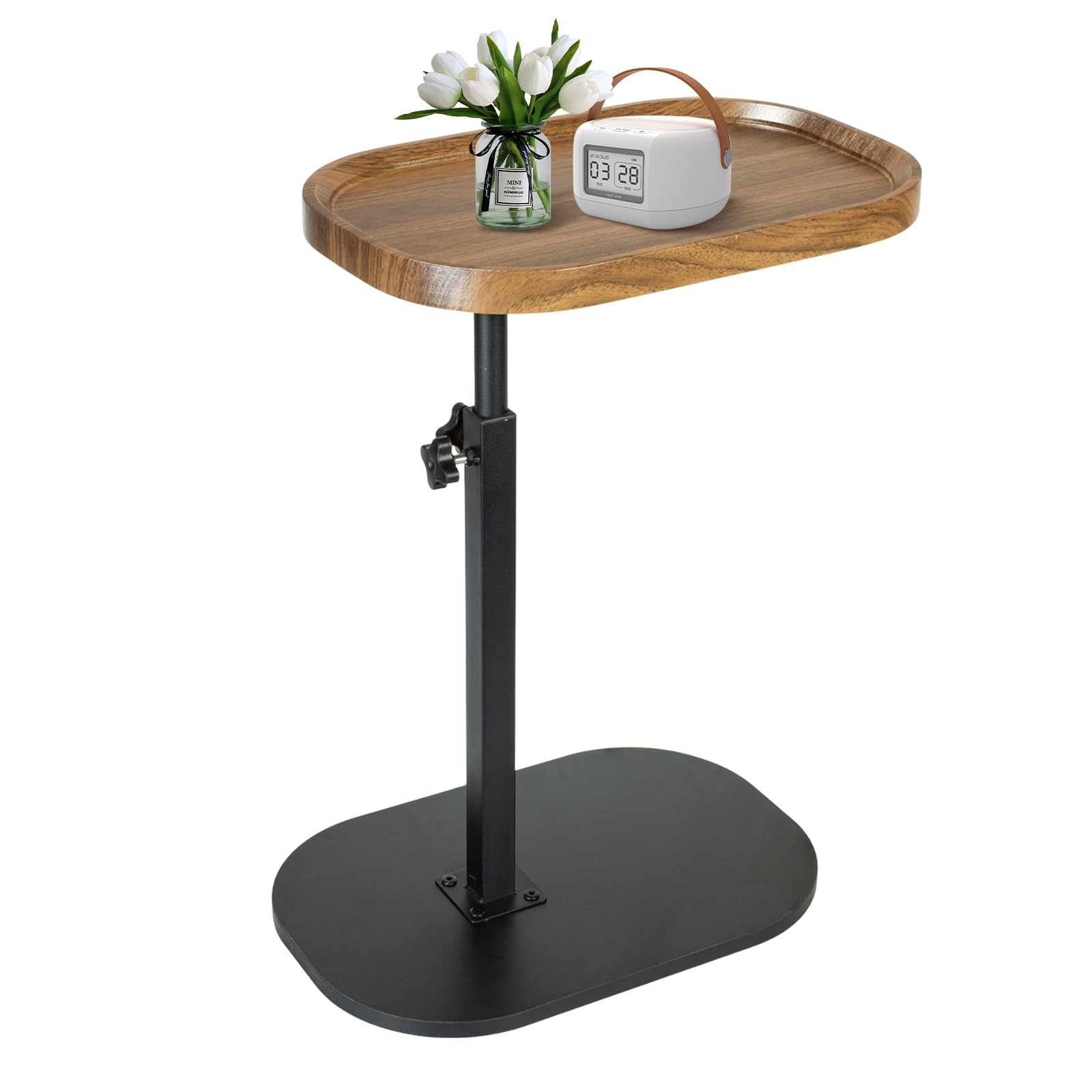 SHEBUYLLI Small C-Shaped Bed Side Table, Adjustable Height & 360° Swivel, Industrial End Table, Walnut