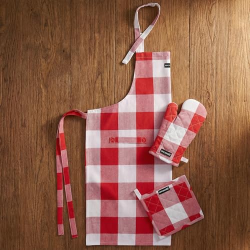 Image of Encasa XO 100% Cotton Apron Set for Women & Men with Adjustable Apron, Oven Gloves & Pot Holder (Pack of 3) Combo, Heat-Resistant, Soft & Durable for Cooking, Baking & Grilling (Buffalo Red Checks)