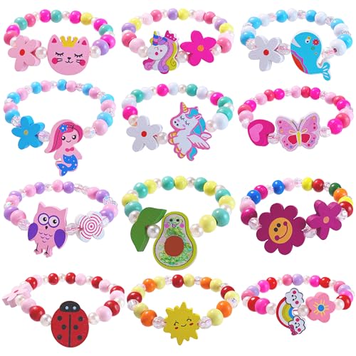 SIELEVIN 12 PCS Girls Bracelet for Kids Unicorn Mermaid Wooden Beaded Bracelets Birthday Stuffers Cute Rainbow Butterfly Heart Jewelry Gifts