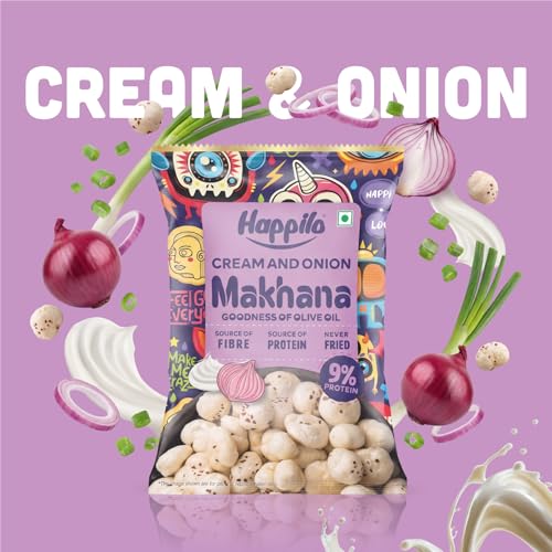 Image of Happilo Premium Super Snack Makhana Cream & Onion 55g (Pack of 3) | Roasted Foxnuts, Phool Makhana | Tasty & Crunchy Snacks