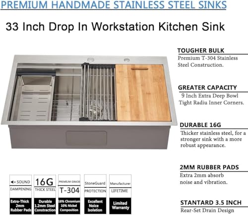 Image of SHACO 33x22 Inch Drop In Kitchen Sink Workstation, 33 Inch All In One SUS304 Stainless Steel Top Mount Single Bowl Overmount Double Ledges Sink with Accessories, Brushed Nickel