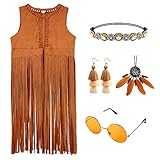 Formemory Women 70s Hippie Costume Fringe Vest Clothes, 6 Pieces Seude Tassels Boho Open-Front Sleev