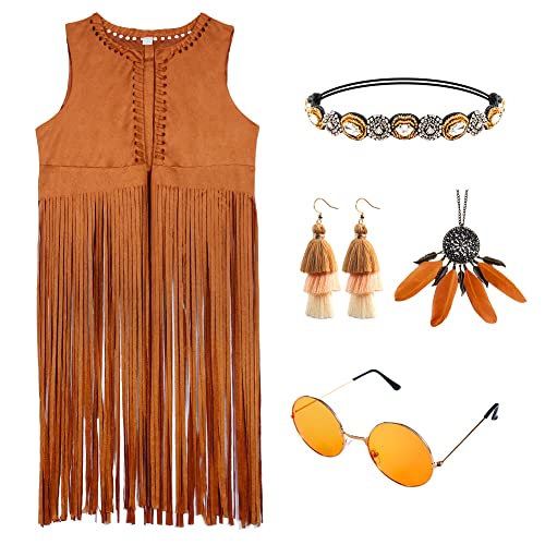 Formemory Women 70S Hippie Costume Fringe Vest Clothes, 6 Pieces Seude Tassels Boho Open-Front Sleeveless Vest Set For Women (Medium, 6 Pieces-Brown) #TOP5