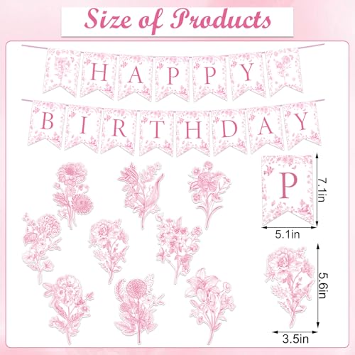 Image of JarThenaAMCS 11 Pcs Pink Flower Birthday Banner Chinoiserie Floral Happy Birthday Bunting Garland with Elegant Flower Hanging Swirl for Party Decoration