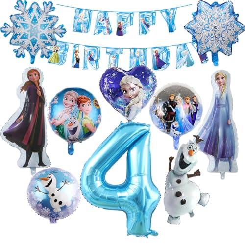 4 ans Ensemble de décoration d'anniversaire sur le thème bleu pour une fille, 11 pièces de ballons pour l'anniversaire d'enfants, Flocon de neige, Ballons de...