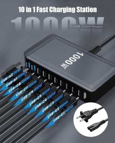 Image of 1000W USB C Charger Block,10-Port USB C GaN Multiple Port Charging Station | Compact Desktop Charger for Home Office,140W Laptop Fast Charger Adapter for MacBook Pro /Air,DELL,iPad,iPhone,Samsung Galaxy