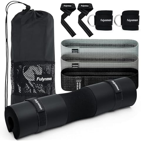 Fulynmen 9Pcs Barbell Pad Set Hip Thrusts Pad Barbell Pad for Hip Thrust Anti Slip Thickened Foam Squat Pad Securing Straps,2 Lifting Strap, 2 Ankle Straps,3 Hip Resistance Bands,Carry Bag Black Cover